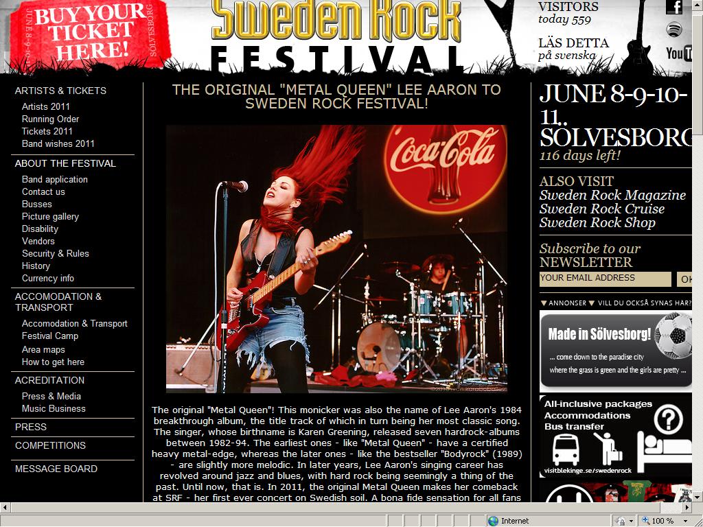 Screenshot of Sweden Rocks frontpage Feb 11,2011